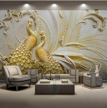 Golden Peacock Mural Wallpaper - NOFRAN