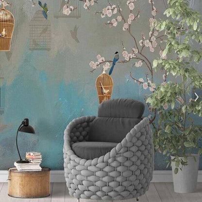 Plum Bird Floral Mural Wallpaper - NOFRAN